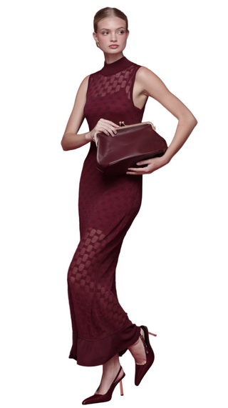 Sheer Textured Knit Maxi Dress Burgundy