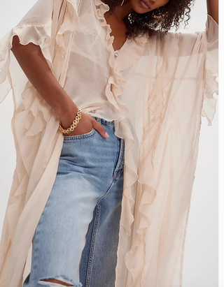 Boho Lightweight Sheer Ruffle Maxi Top Duster Kimono Jacket