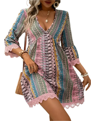 Striped Print Lace Trim Dress