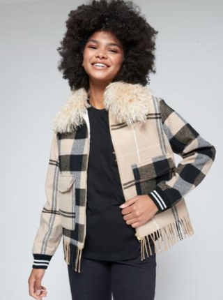CAMEL CHECK FRINGE JACKET