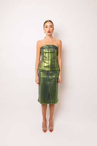 Clara Green Denim Foil Coated Midi Skirt