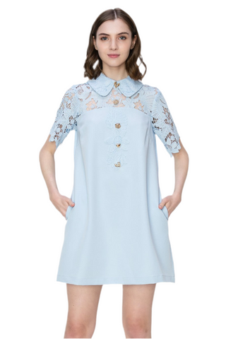 Short Sleeve Floral Lace Panelling Mini Dress Lt Blue