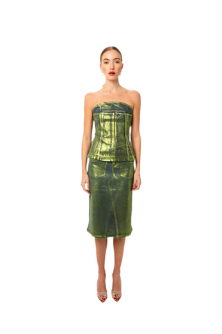 Clara Green Denim Foil Coated Midi Skirt