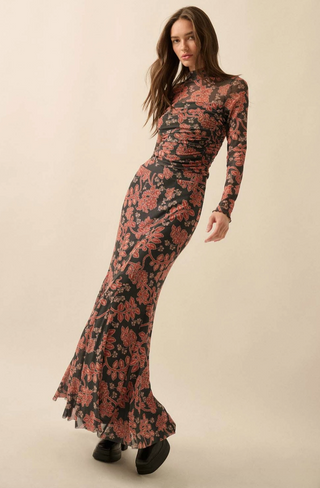 Floral Mesh Ruched Bodysuit Charroal