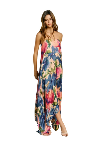 Floral Strapless Pleated Maxi Column Dress LAPIS BLOOM