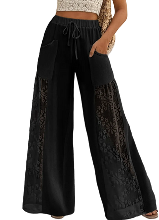 Lace Panel Boho High Waist Flowy Palazzo Pants