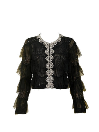Multi-Embellished Ruffled Frill Sheer Jacket BLACK