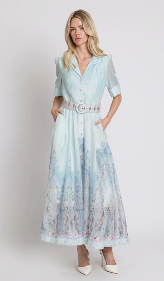 Romantic Botanical Print Belted Maxi Shirt Dress