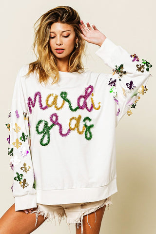 MARDI GRAS FLEUR DE LIS SWEATERSHIRT WHITE