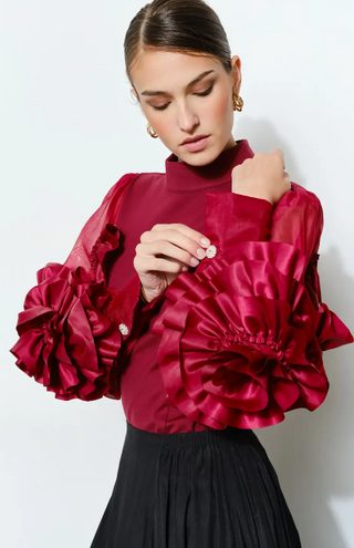 Rosette Ruffle Sheer Sleeve Jersey Top