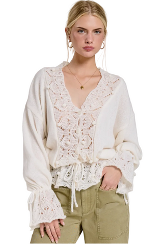 Crochet Lace Trim V Neck Knit Top