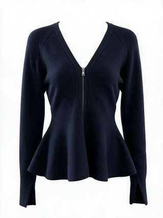 NAVY PEPLUM ZIP SWEATER