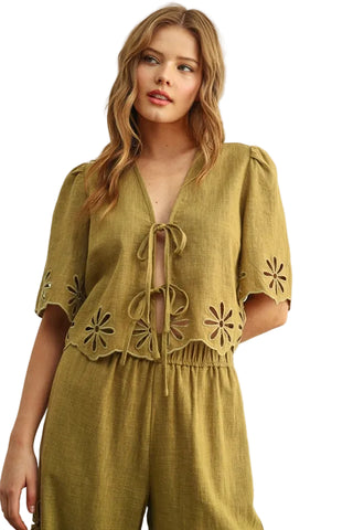 Embroidered Tie Front Top