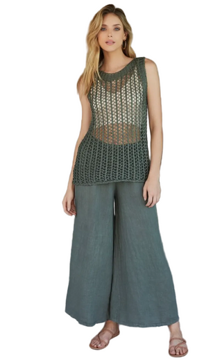 Linen Smocked Waist Palazzo Pant ARMY GREEN