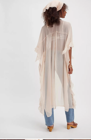 Boho Lightweight Sheer Ruffle Maxi Top Duster Kimono Jacket
