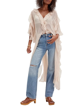 Boho Lightweight Sheer Ruffle Maxi Top Duster Kimono Jacket