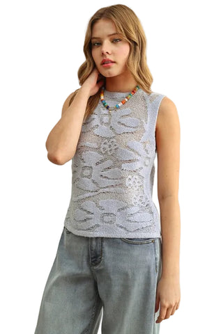 FLORAL KNITTED SLEEVELESS TOP SKY BLUE