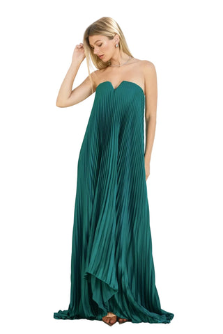 Satin Strapless Pleated Maxi Column Dress EMERALD