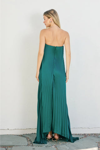 Satin Strapless Pleated Maxi Column Dress EMERALD
