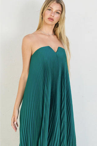 Satin Strapless Pleated Maxi Column Dress EMERALD