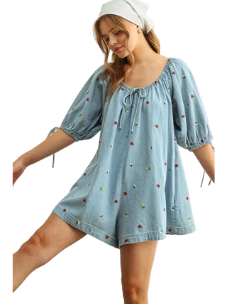 EMBROIDERED DENIM ROMPER