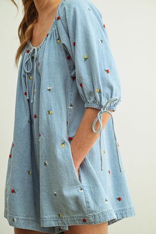 EMBROIDERED DENIM ROMPER