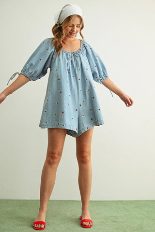 EMBROIDERED DENIM ROMPER
