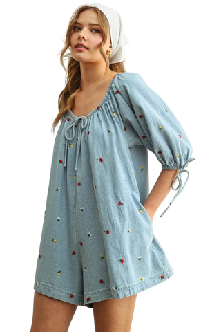 EMBROIDERED DENIM ROMPER