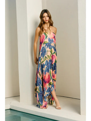 Floral Strapless Pleated Maxi Column Dress LAPIS BLOOM