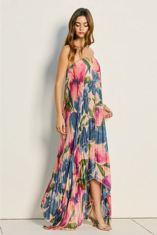 Floral Strapless Pleated Maxi Column Dress LAPIS BLOOM