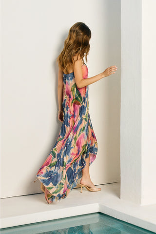 Floral Strapless Pleated Maxi Column Dress LAPIS BLOOM