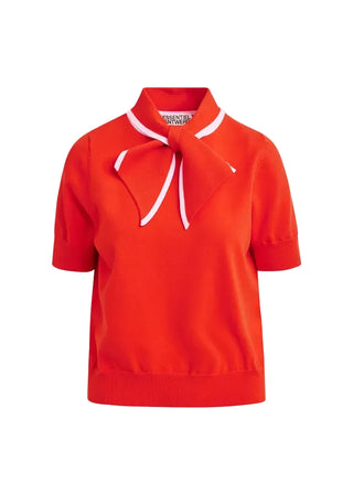 Red fine-knit polo with light pink scarf-like contrast collar