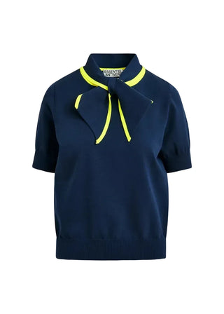 Navy fine-knit polo with bright yellow scarf-like contrast collar