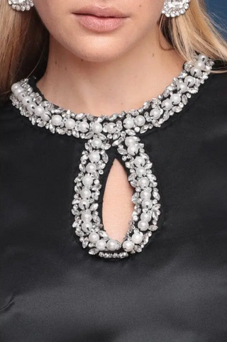 Embellished Satin Mini Shift Dress