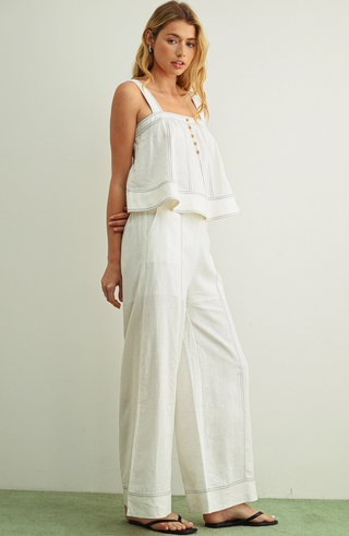 STITCHED DETAIL WIDE LEG LINEN PANT