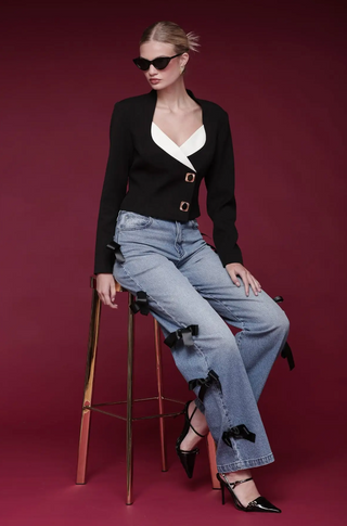 Contrast Lapel Novelty Button Blazer