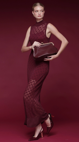 Sheer Textured Knit Maxi Dress Burgundy
