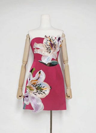 Strapless Dress with 3D Floral Beaded Detail ENGLISH ROSE RED