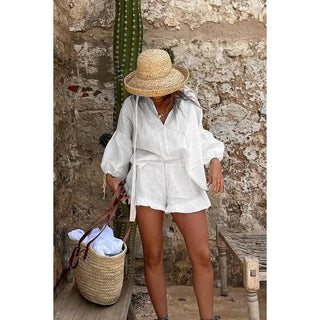 Long Sleeve Blouse Ruffle Hem Shorts Set