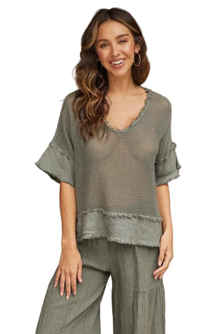 Cotton Mesh Grid Short Sleeve Top ARMY GREEN