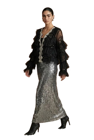 Multi-Embellished Ruffled Frill Sheer Jacket BLACK