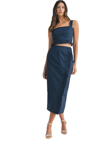 NAVY BUTTON MIDI SKIRT