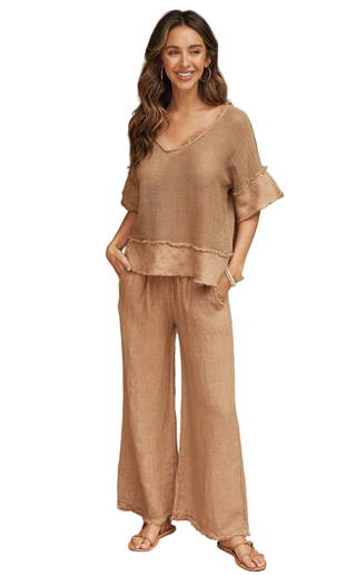 Italian Linen Pants with Raw Hem CAMEL
